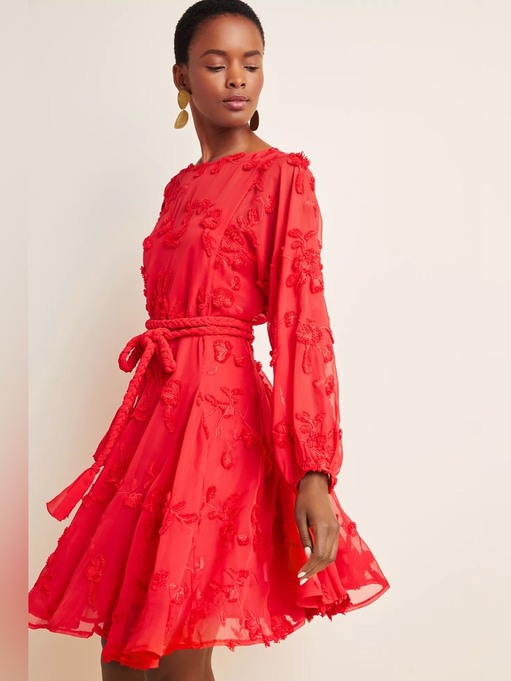 Anthropologie Mare Mare Amal Textured Embroidered Mini Dress Red M Long Sleeve